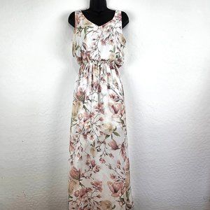 Show Me Your Muumuu Dress M White Floral Chiffon Maxi Sleeveless Lined V-Neck